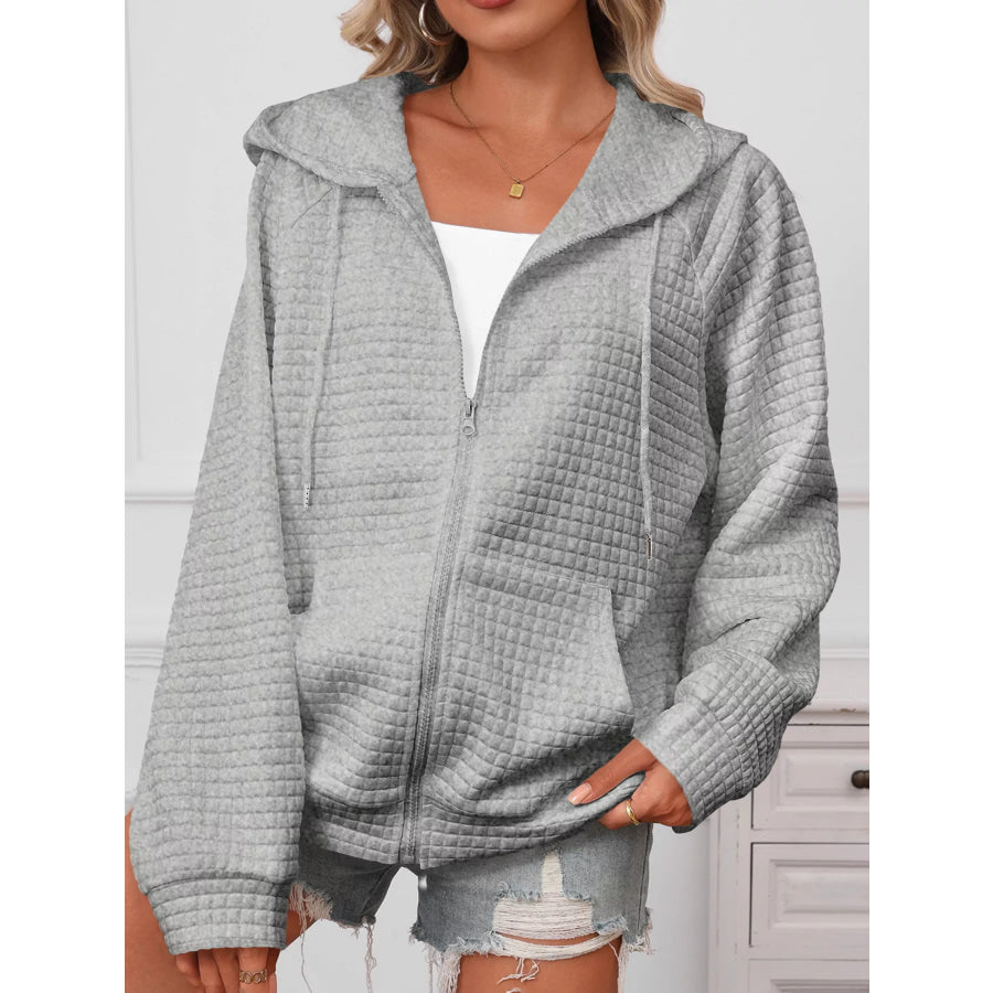 Full Size Textured Quilted Zip-Up Hooded Jacket Plus Size Apparel and Accessories