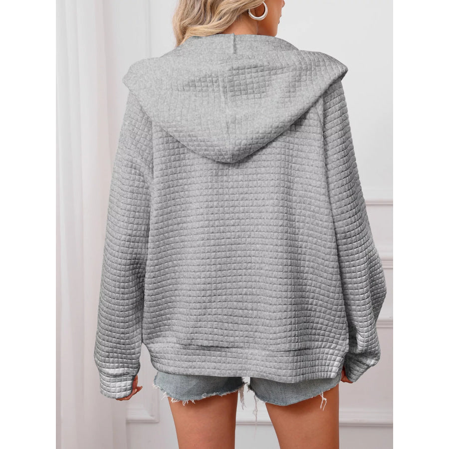 Full Size Textured Quilted Zip-Up Hooded Jacket Plus Size Apparel and Accessories
