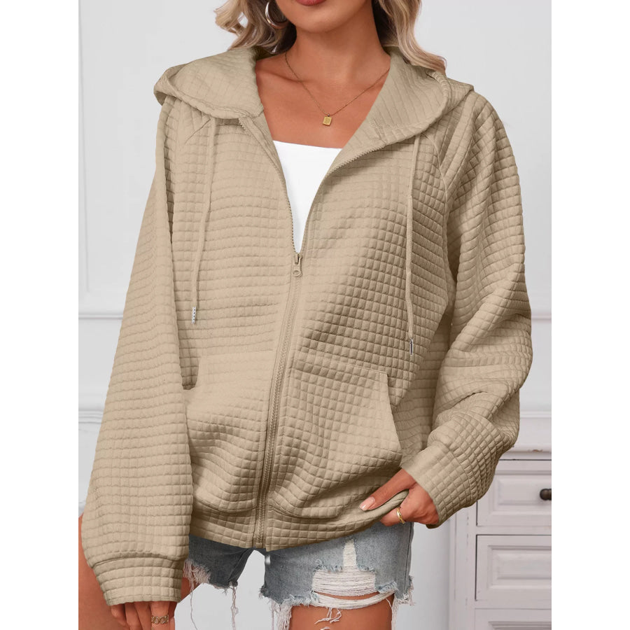 Full Size Textured Quilted Zip-Up Hooded Jacket Plus Size Apparel and Accessories
