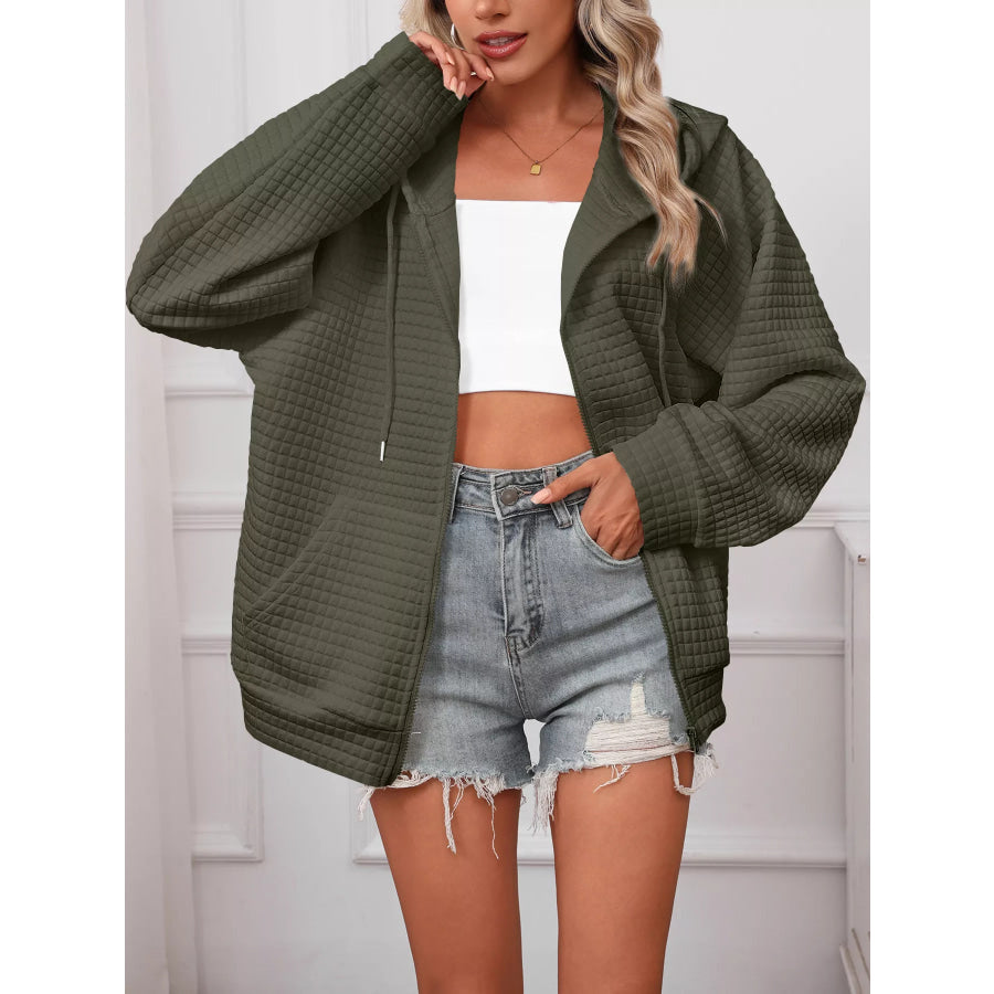 Full Size Textured Quilted Zip-Up Hooded Jacket Plus Size Army Green / S Apparel and Accessories