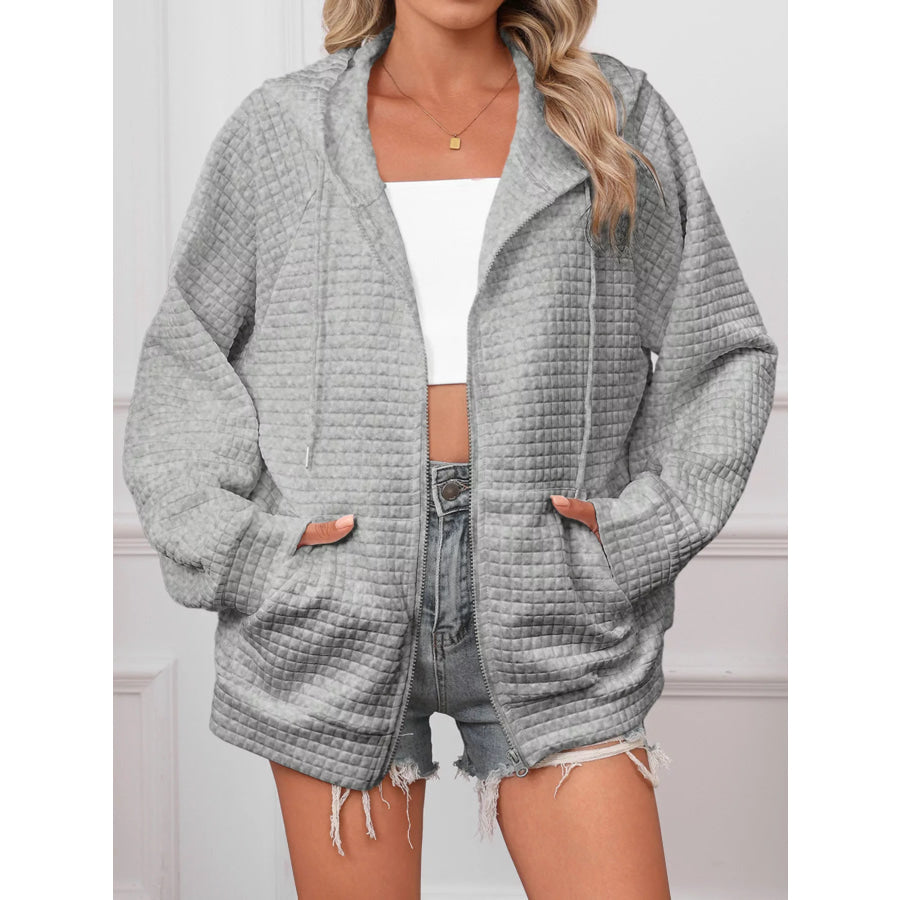 Full Size Textured Quilted Zip-Up Hooded Jacket Plus Size Grey / S Apparel and Accessories
