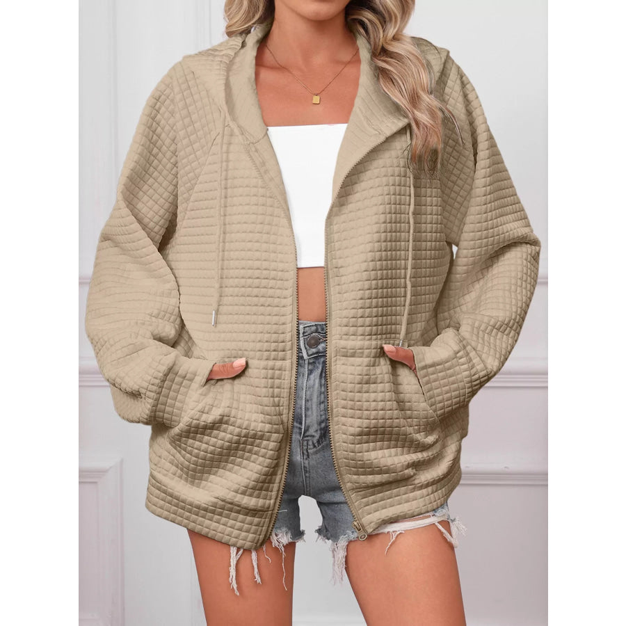 Full Size Textured Quilted Zip-Up Hooded Jacket Plus Size Khaki / S Apparel and Accessories