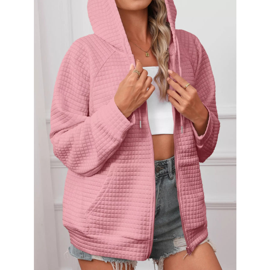 Full Size Textured Quilted Zip-Up Hooded Jacket Plus Size Pink / S Apparel and Accessories