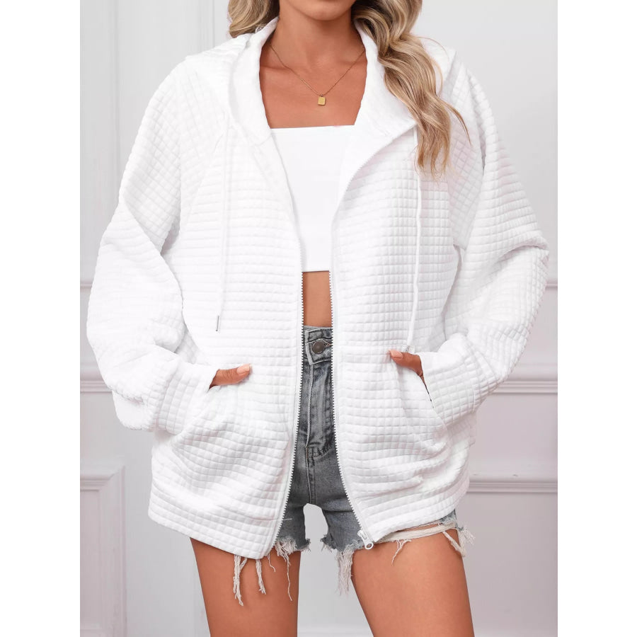 Full Size Textured Quilted Zip-Up Hooded Jacket Plus Size White / S Apparel and Accessories
