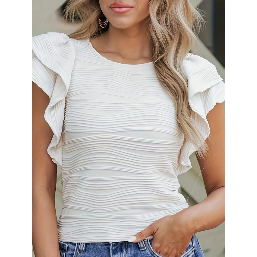 Full Size Textured Ruffle Sleeve Crew Neck Blouse Plus Size Apparel and Accessories