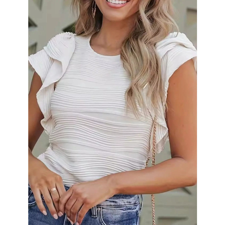 Full Size Textured Ruffle Sleeve Crew Neck Blouse Plus Size White / S Apparel and Accessories