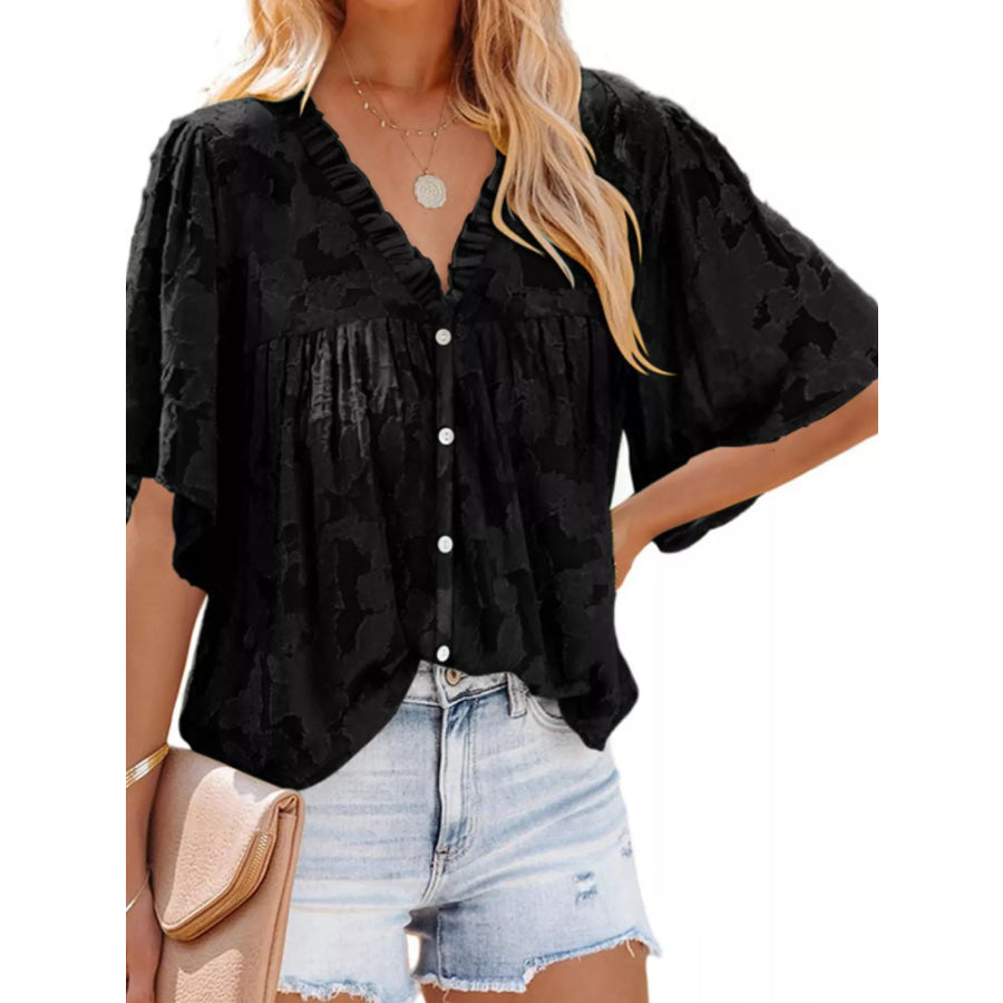 Full Size Textured V-Neck Button-Down Shirt Plus Size Black / S Apparel and Accessories
