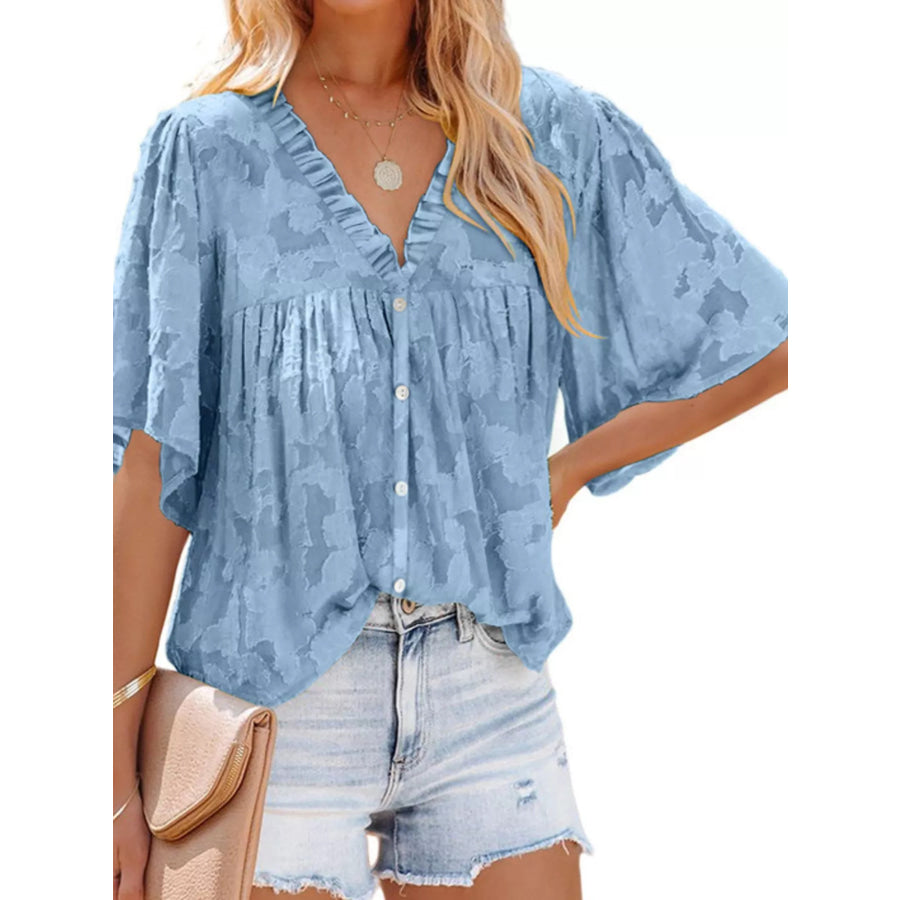 Full Size Textured V-Neck Button-Down Shirt Plus Size Blue / S Apparel and Accessories