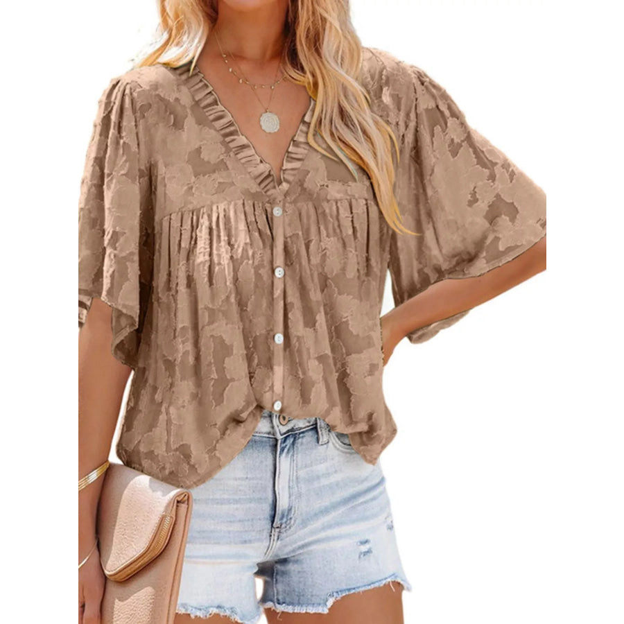Full Size Textured V-Neck Button-Down Shirt Plus Size Brown / S Apparel and Accessories