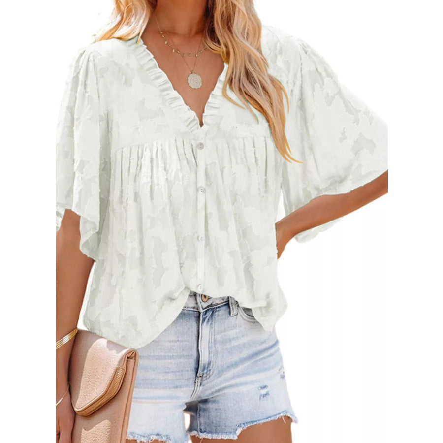 Full Size Textured V-Neck Button-Down Shirt Plus Size White / S Apparel and Accessories