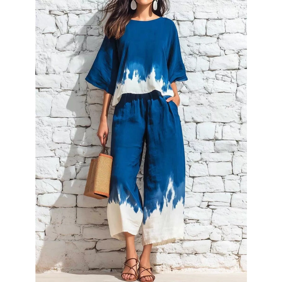 Full Size Tie-Dye Casual Loose Fit Top and Capris Set Plus Blue / S Apparel Accessories