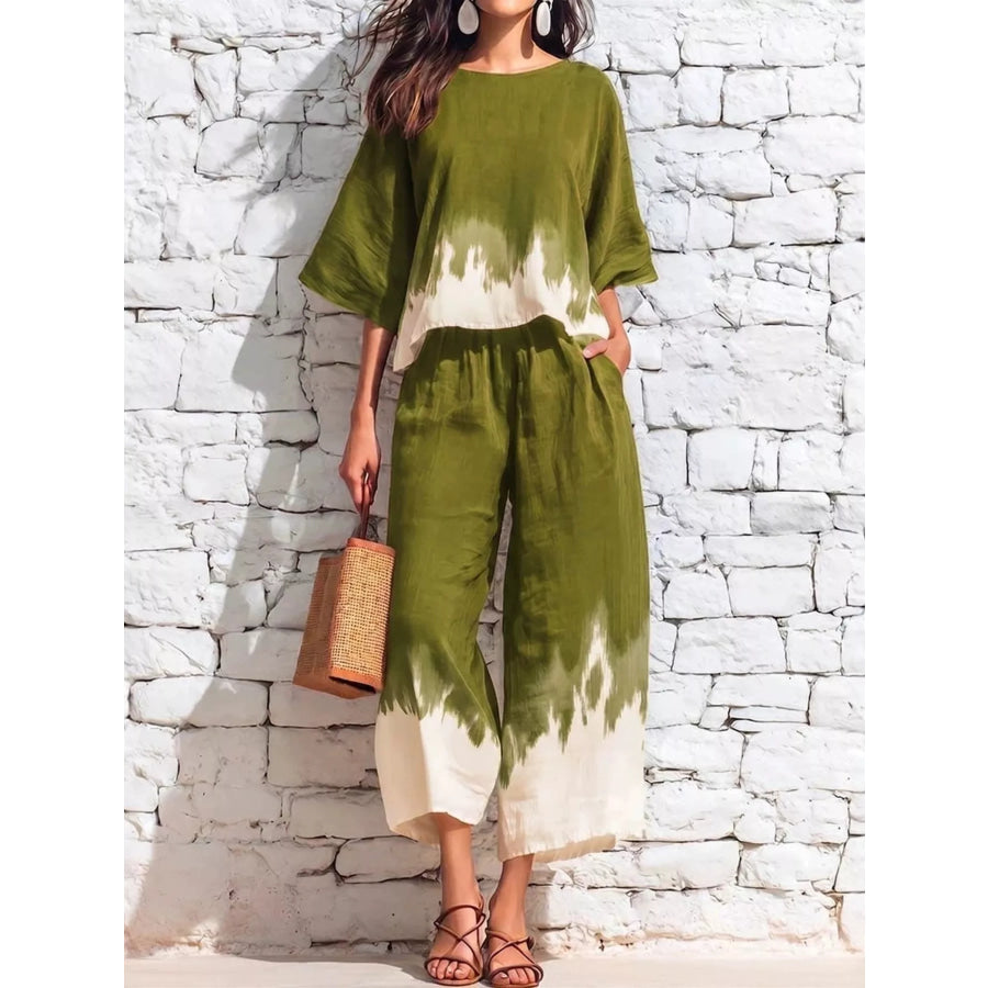 Full Size Tie-Dye Casual Loose Fit Top and Capris Set Plus Green / S Apparel Accessories