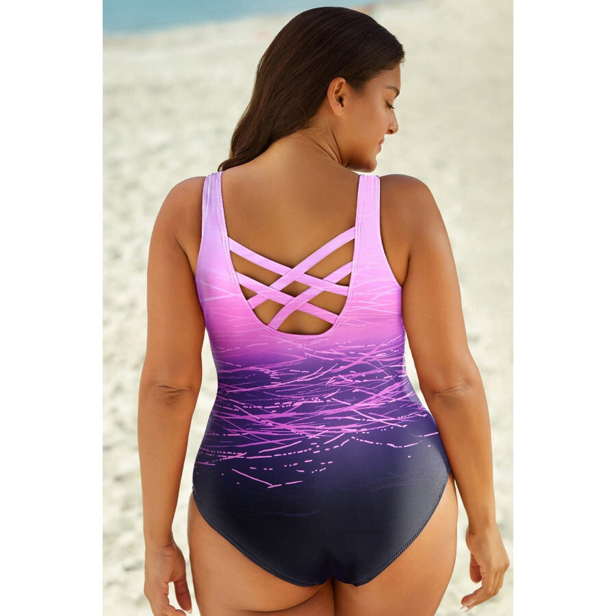 Full Size Tie-Dye Crisscross Back One-Piece Swimsuit Heliotrope Purple / XS