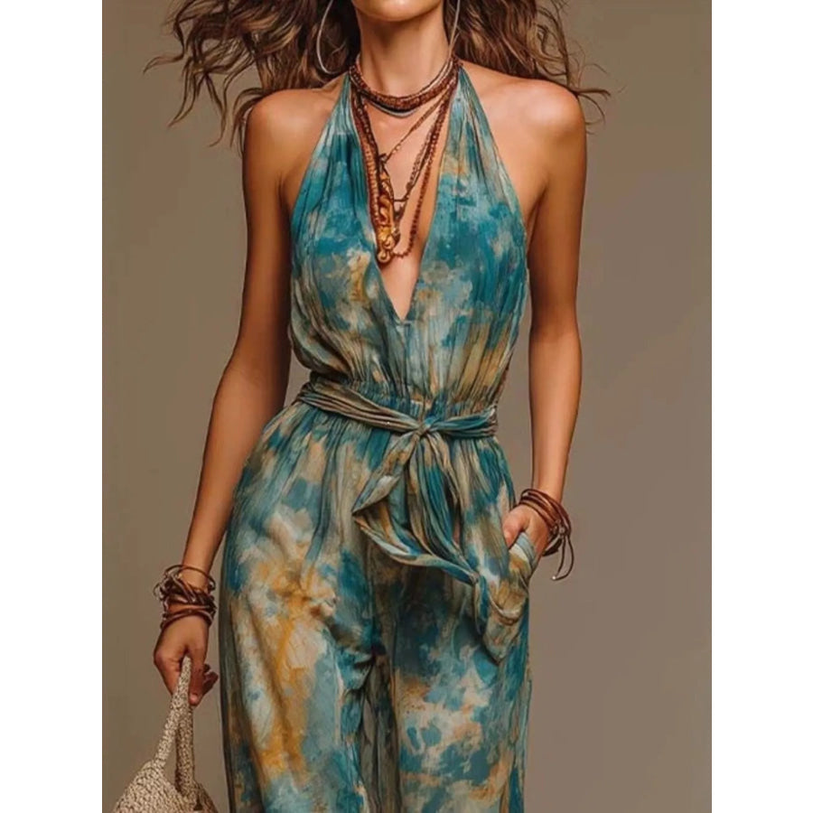 Full Size Tie-Dye Halter Neck Wide-Leg Jumpsuit Plus Apparel and Accessories