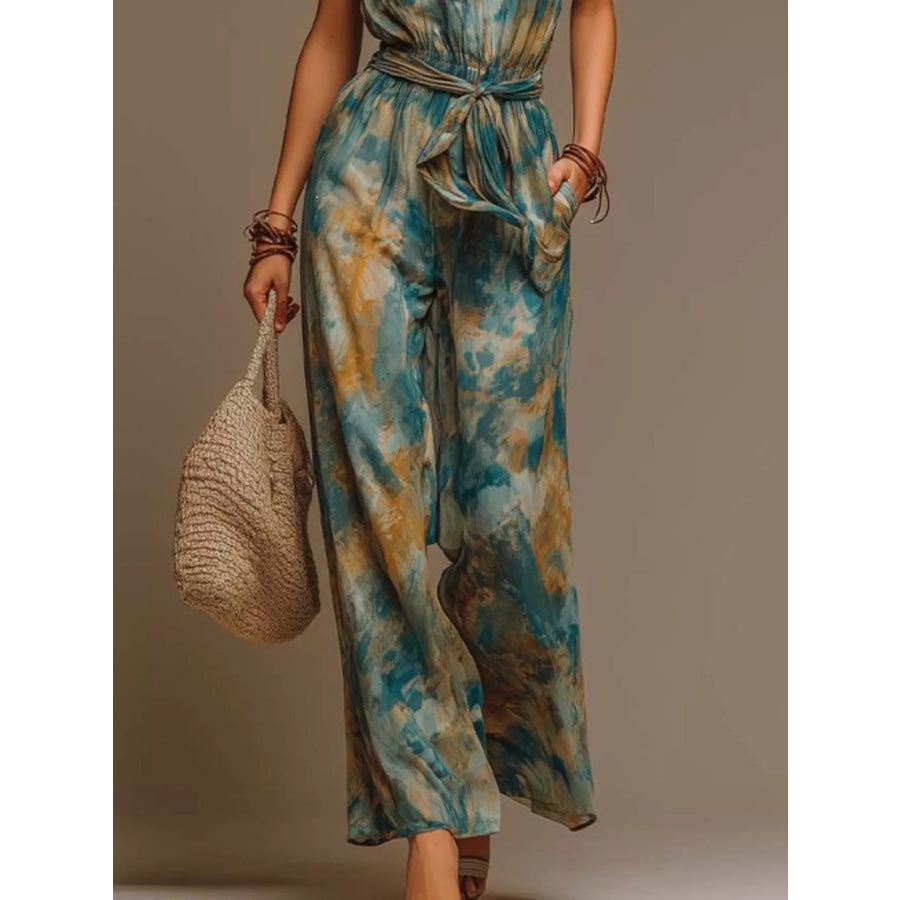 Full Size Tie-Dye Halter Neck Wide-Leg Jumpsuit Plus Apparel and Accessories