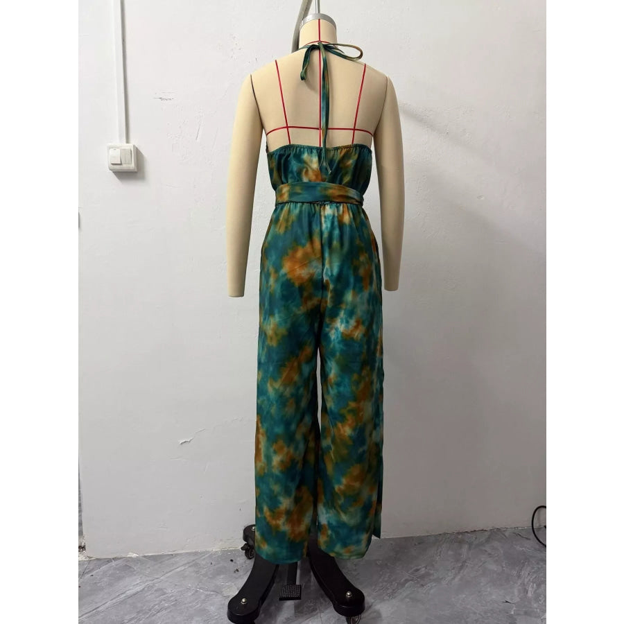 Full Size Tie-Dye Halter Neck Wide-Leg Jumpsuit Plus Apparel and Accessories