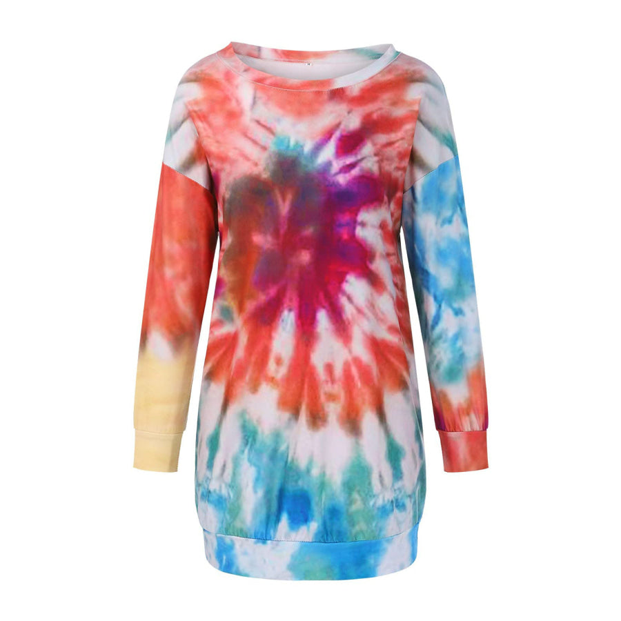 Full Size Tie-Dye Round Neck Long Sleeve Dress Coral / S Apparel and Accessories