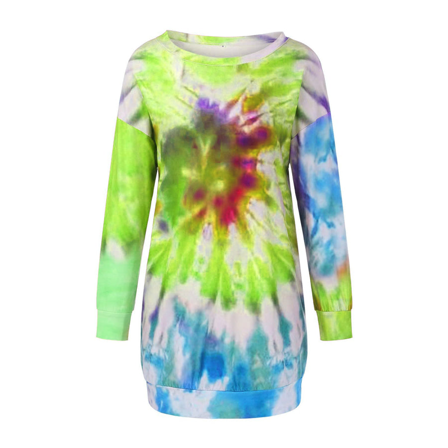 Full Size Tie-Dye Round Neck Long Sleeve Dress Apparel and Accessories