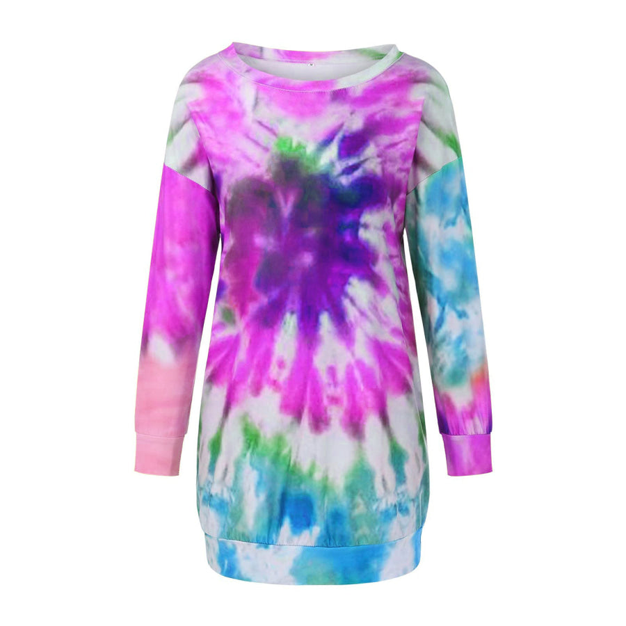 Full Size Tie-Dye Round Neck Long Sleeve Dress Apparel and Accessories