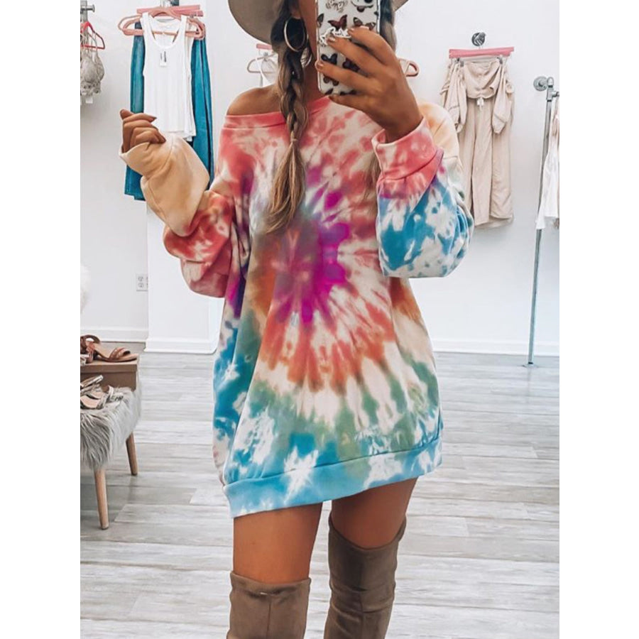 Full Size Tie-Dye Round Neck Long Sleeve Dress Coral / S Apparel and Accessories