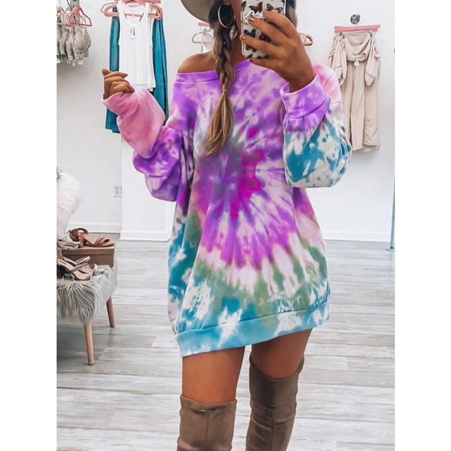 Full Size Tie-Dye Round Neck Long Sleeve Dress Heliotrope Purple / S Apparel and Accessories