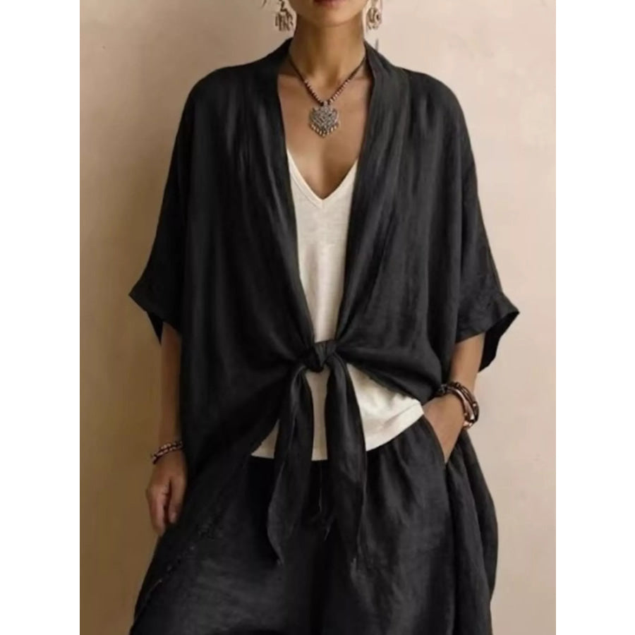 Full Size Tie-Front Cardigan and Wide-Leg Pants Set Plus Apparel Accessories