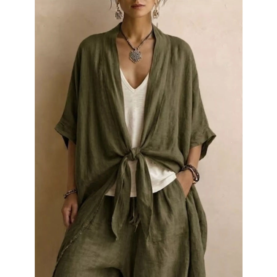 Full Size Tie-Front Cardigan and Wide-Leg Pants Set Plus Apparel Accessories