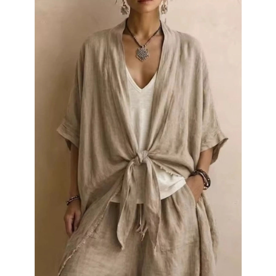 Full Size Tie-Front Cardigan and Wide-Leg Pants Set Plus Apparel Accessories