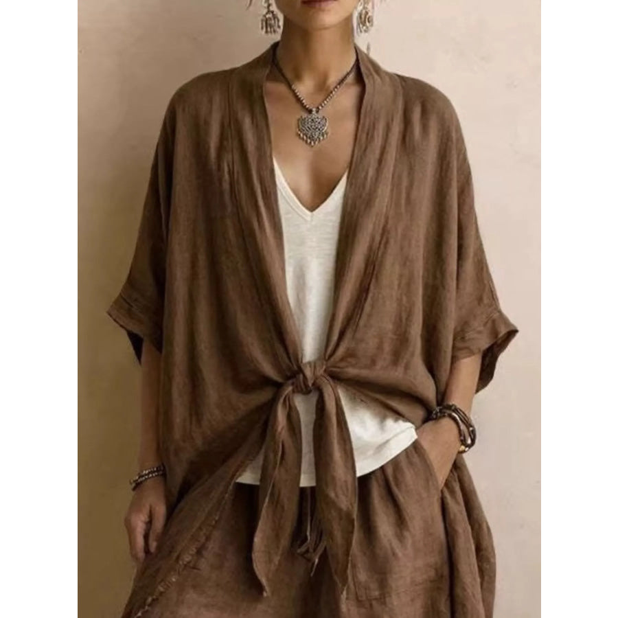 Full Size Tie-Front Cardigan and Wide-Leg Pants Set Plus Apparel Accessories