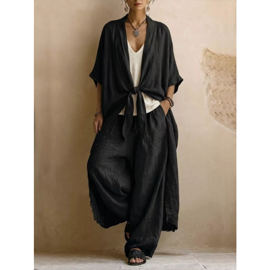 Full Size Tie-Front Cardigan and Wide-Leg Pants Set Plus Black / S Apparel Accessories