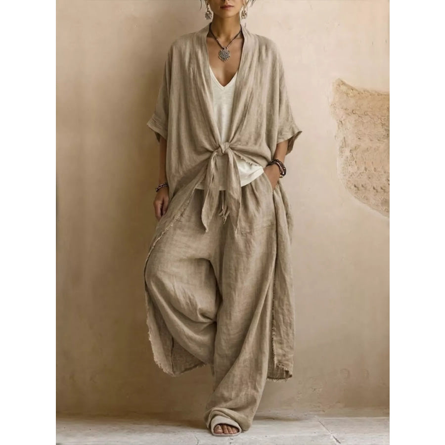 Full Size Tie-Front Cardigan and Wide-Leg Pants Set Plus Mocha / S Apparel Accessories