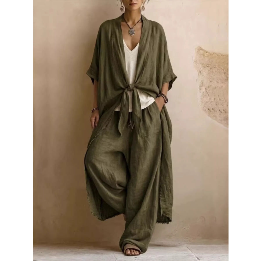 Full Size Tie-Front Cardigan and Wide-Leg Pants Set Plus Olive Green / S Apparel Accessories