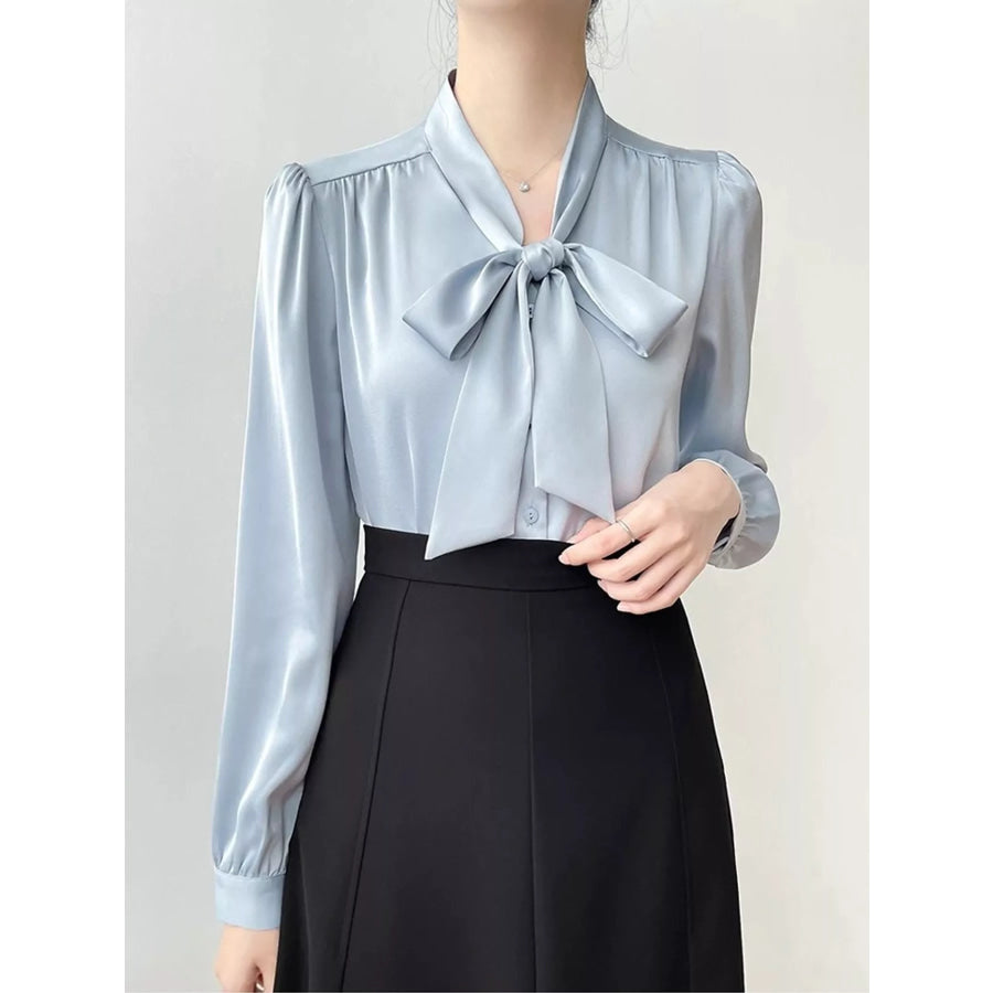 Full Size Tie Front Long Sleeve Shirt Plus Dusty Blue-Long / S Apparel and Accessories