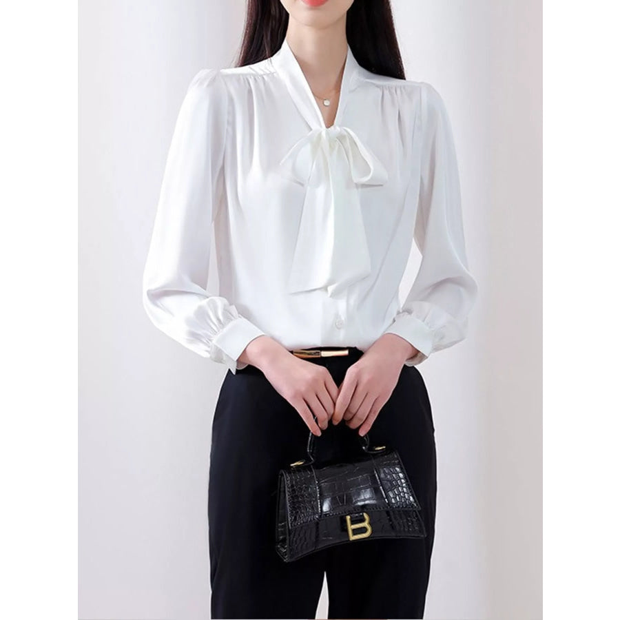 Full Size Tie Front Long Sleeve Shirt Plus White-Long / S Apparel and Accessories