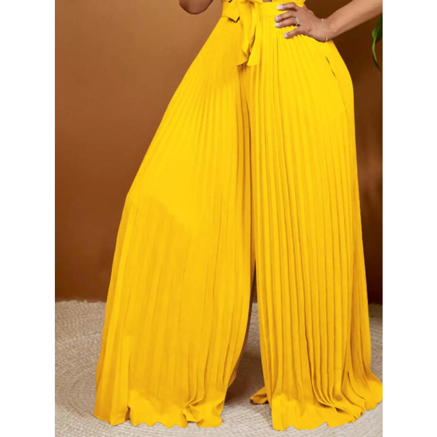 Full Size Tie Front Pleated Wide Leg Jumpsuit Plus Size Apparel and Accessories