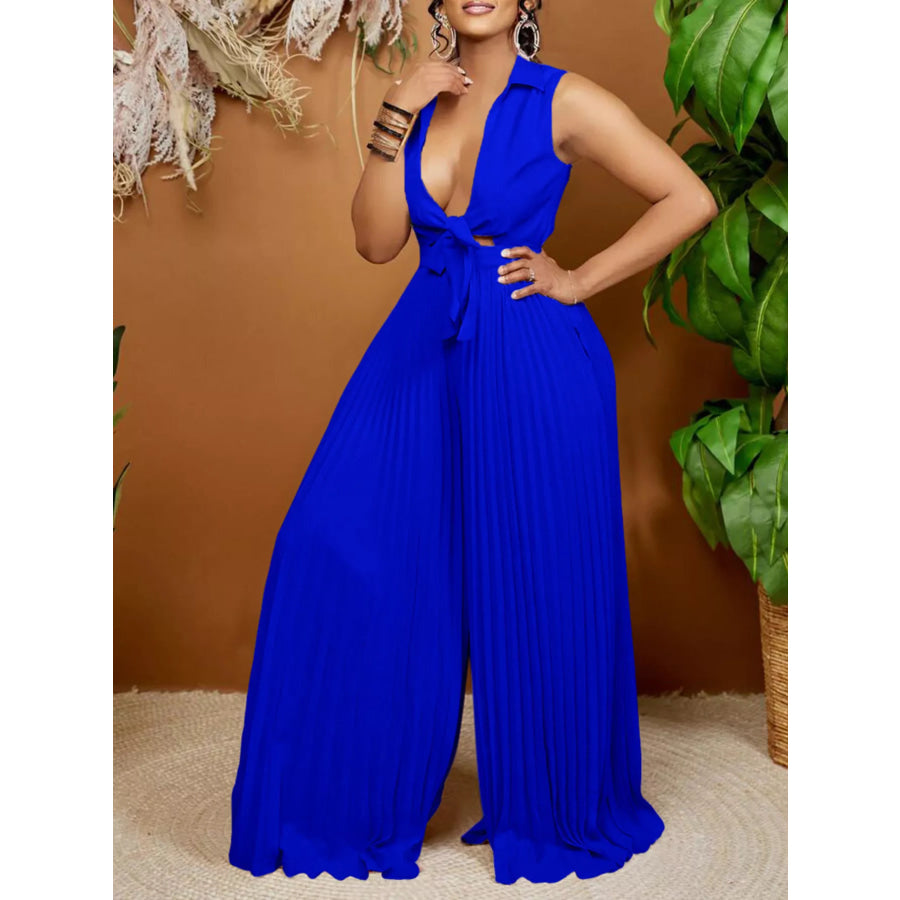 Full Size Tie Front Pleated Wide Leg Jumpsuit Plus Size Blue / S Apparel and Accessories