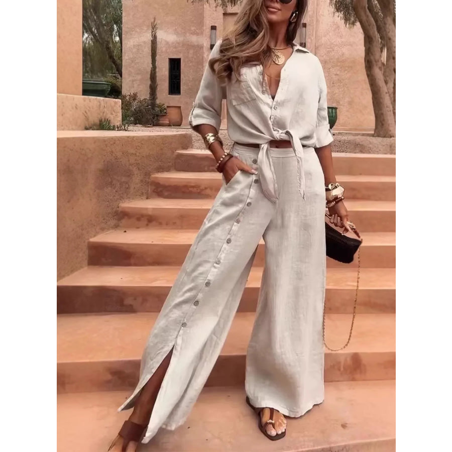 Full Size Tie-Front Shirt and Button-Down Wide-Leg Pants Set Plus Size Apricot / XS Apparel and Accessories