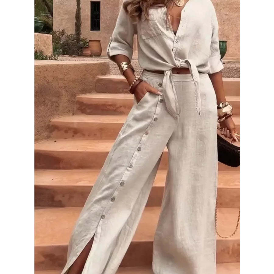 Full Size Tie-Front Shirt and Button-Down Wide-Leg Pants Set Plus Size Apricot / XS Apparel and Accessories