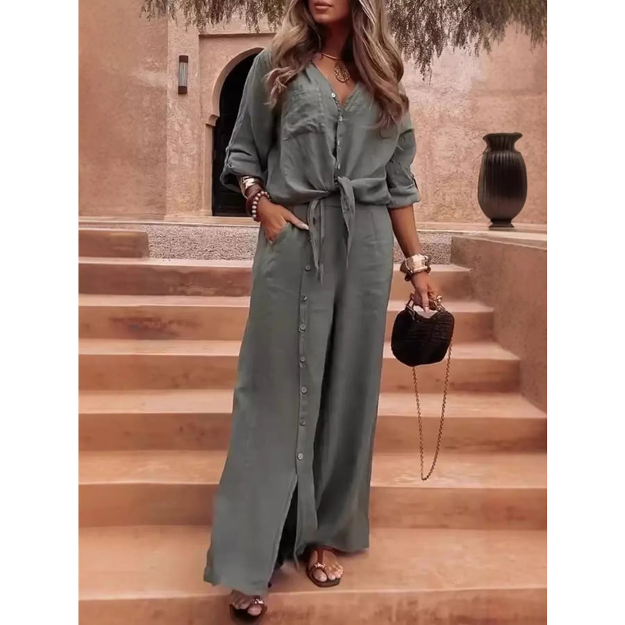 Full Size Tie-Front Shirt and Button-Down Wide-Leg Pants Set Plus Size Dark Gray / XS Apparel and Accessories