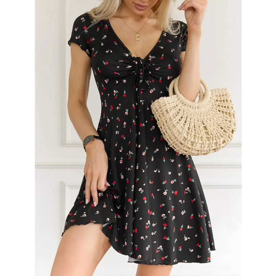 Full Size Tie Front V-Neck Mini Dress Plus Size Floral / S Apparel and Accessories