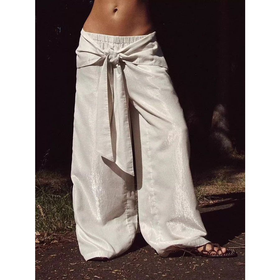 Full Size Tie-Front Wide-Leg Pants Plus Beige / S Apparel and Accessories