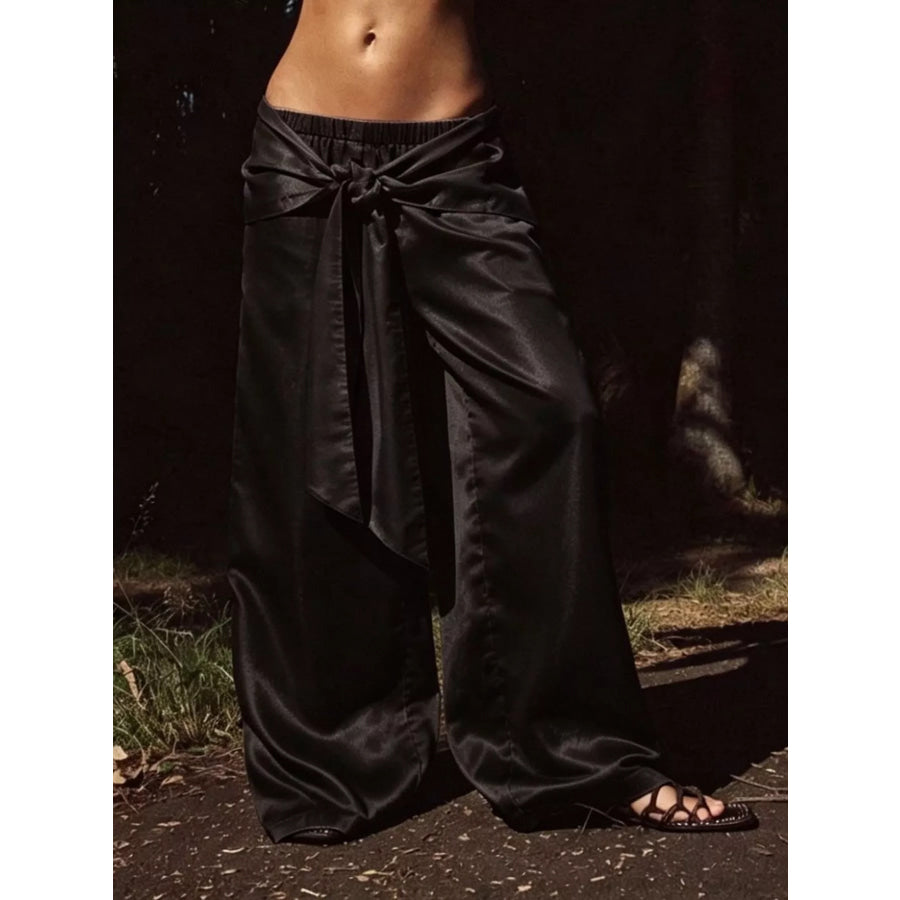 Full Size Tie-Front Wide-Leg Pants Plus Black / S Apparel and Accessories