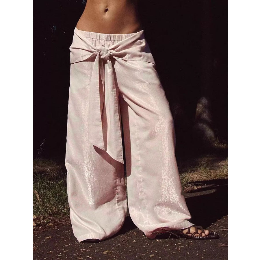 Full Size Tie-Front Wide-Leg Pants Plus Blush Pink / S Apparel and Accessories