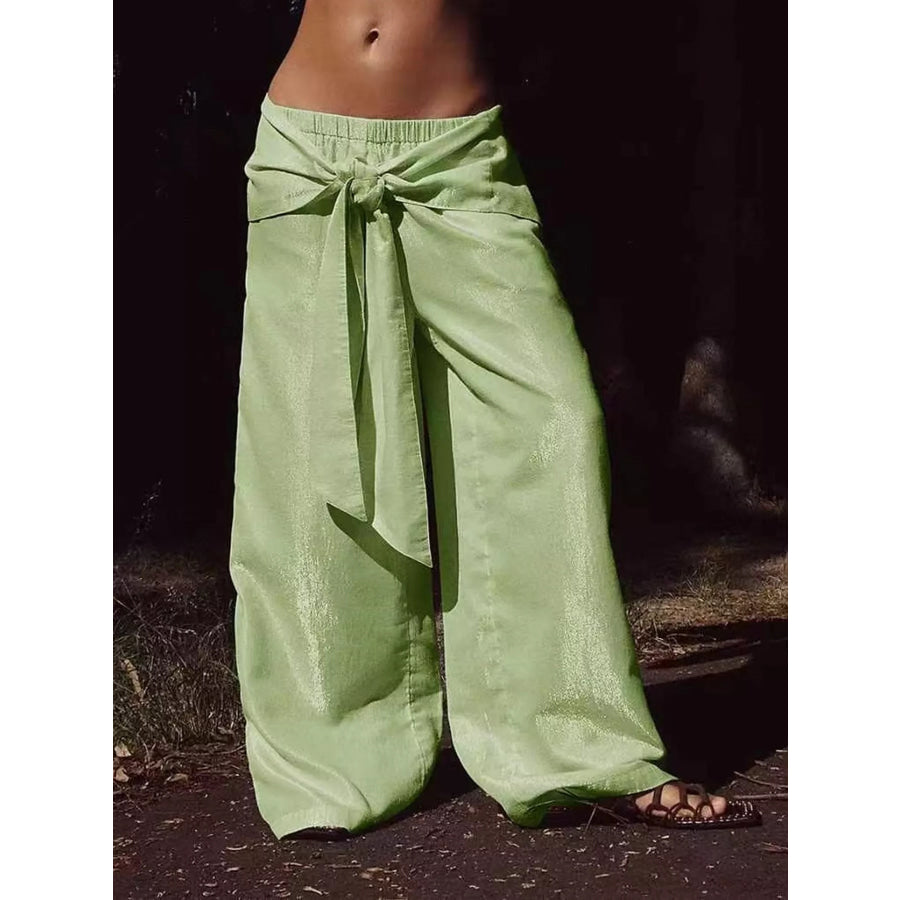 Full Size Tie-Front Wide-Leg Pants Plus Light Green / S Apparel and Accessories