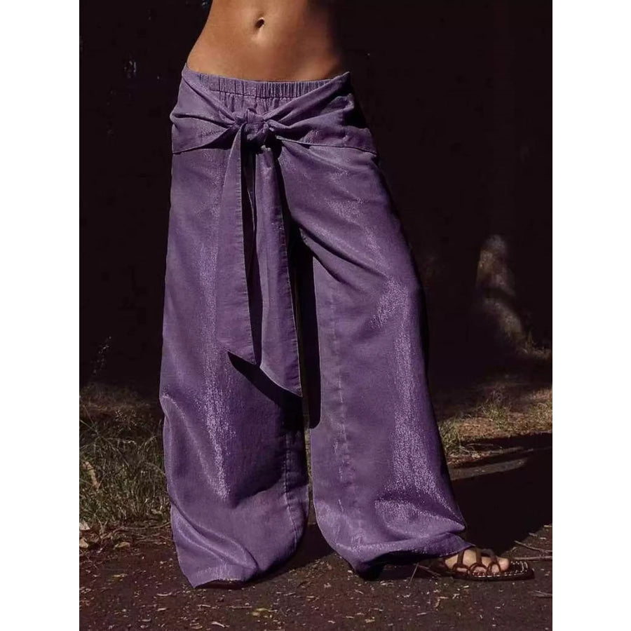 Full Size Tie-Front Wide-Leg Pants Plus Purple / S Apparel and Accessories