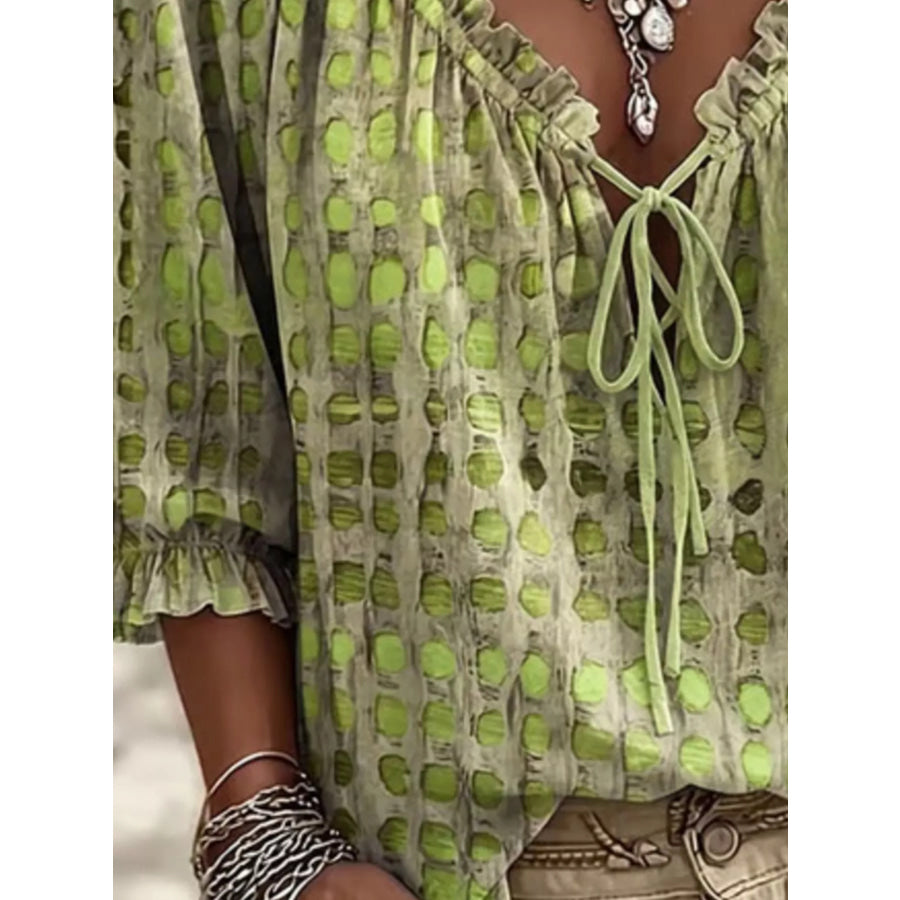 Full Size Tie Neck 3/4 Sleeve Blouse Plus Size Apparel and Accessories