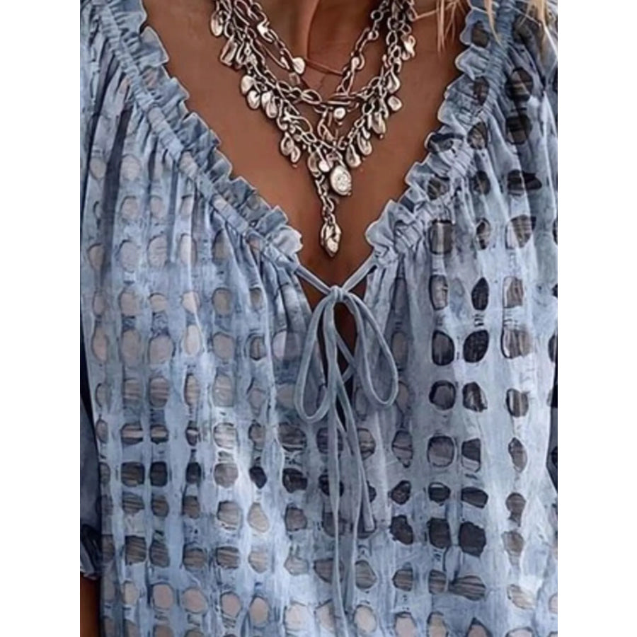 Full Size Tie Neck 3/4 Sleeve Blouse Plus Apparel and Accessories