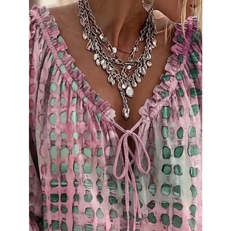 Full Size Tie Neck 3/4 Sleeve Blouse Plus Apparel and Accessories