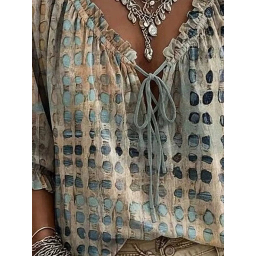 Full Size Tie Neck 3/4 Sleeve Blouse Plus Size Apparel and Accessories