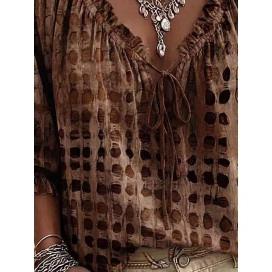 Full Size Tie Neck 3/4 Sleeve Blouse Plus Size Apparel and Accessories